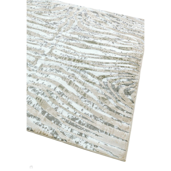 Quantum QU04 Modern Zebra Print Metallic Shimmer Flat Pile Grey/Silver/Cream Rug