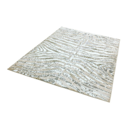 Quantum QU04 Modern Zebra Print Metallic Shimmer Flat Pile Grey/Silver/Cream Rug