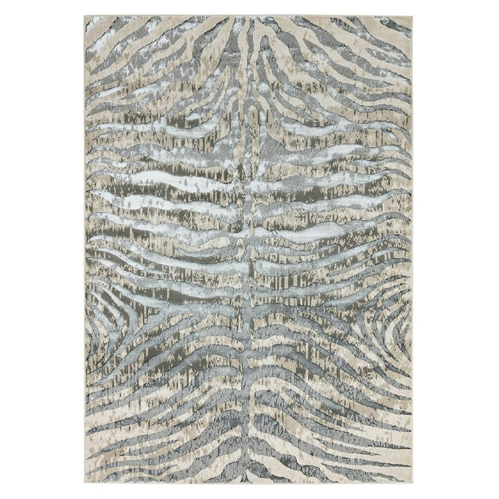 Quantum QU04 Modern Zebra Print Metallic Shimmer Flat Pile Grey/Silver/Cream Rug
