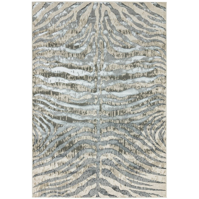 Quantum QU04 Modern Zebra Print Metallic Shimmer Flat Pile Grey/Silver/Cream Rug