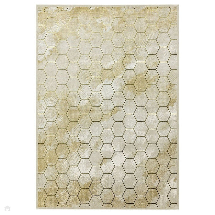 Quantum QU05 Modern Honeycomb Print Metallic Shimmer Flat Pile Beige/Gold Rug