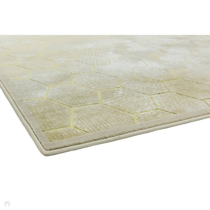 Quantum QU05 Modern Honeycomb Print Metallic Shimmer Flat Pile Beige/Gold Rug