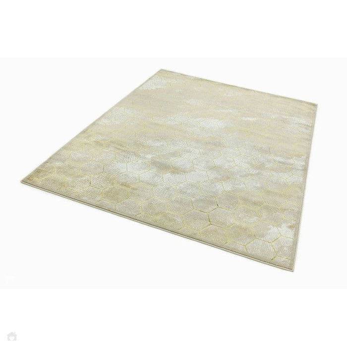 Quantum QU05 Modern Honeycomb Print Metallic Shimmer Flat Pile Beige/Gold Rug