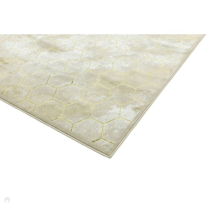 Quantum QU05 Modern Honeycomb Print Metallic Shimmer Flat Pile Beige/Gold Rug