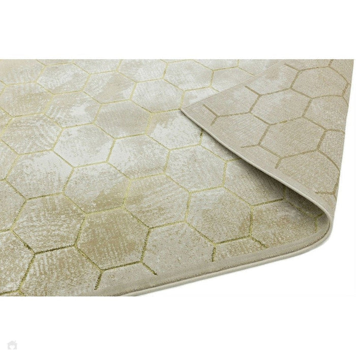 Quantum QU05 Modern Honeycomb Print Metallic Shimmer Flat Pile Beige/Gold Rug