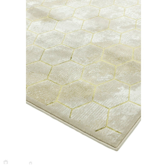 Quantum QU05 Modern Honeycomb Print Metallic Shimmer Flat Pile Beige/Gold Rug