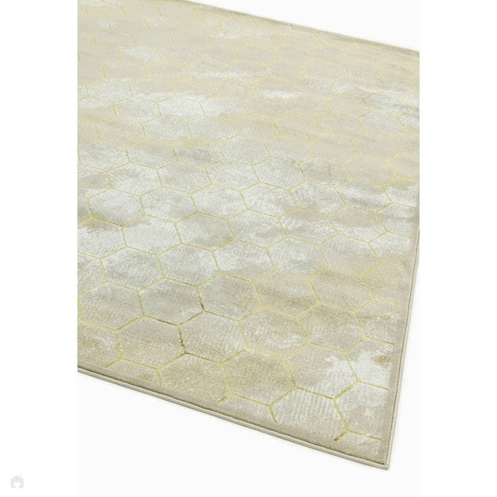 Quantum QU05 Modern Honeycomb Print Metallic Shimmer Flat Pile Beige/Gold Rug