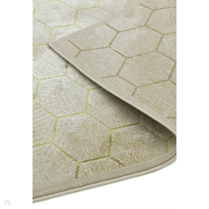 Quantum QU05 Modern Honeycomb Print Metallic Shimmer Flat Pile Beige/Gold Rug