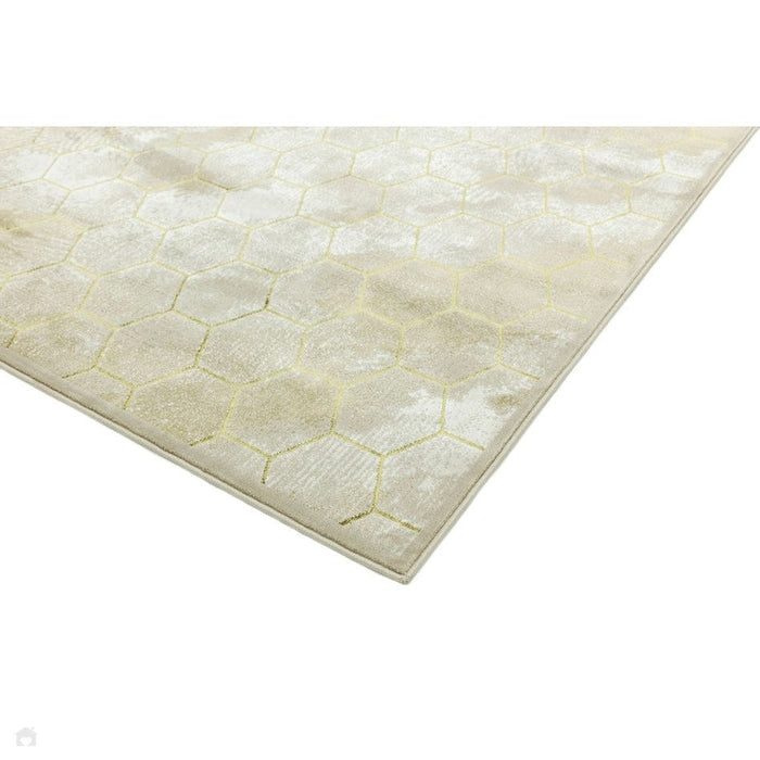 Quantum QU05 Modern Honeycomb Print Metallic Shimmer Flat Pile Beige/Gold Rug
