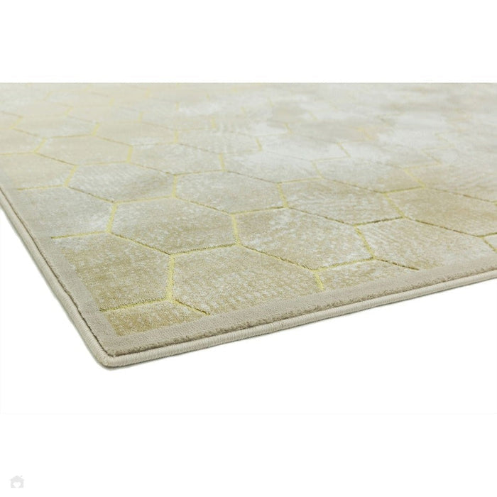 Quantum QU05 Modern Honeycomb Print Metallic Shimmer Flat Pile Beige/Gold Rug