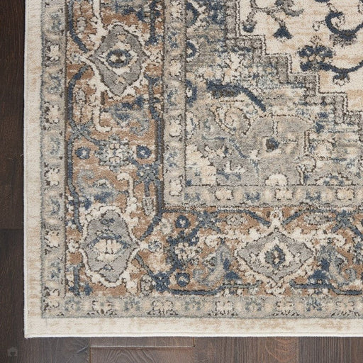 Quarry QUA05 Traditional Persian Vintage Distressed Medallion Border Textured High-Density Low Flat-Pile Ivory/Grey Runner