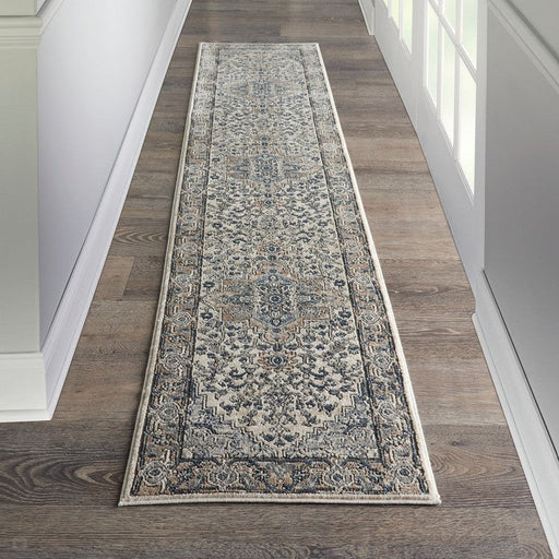 Quarry QUA05 Traditional Persian Vintage Distressed Medallion Border Textured High-Density Low Flat-Pile Ivory/Grey Runner
