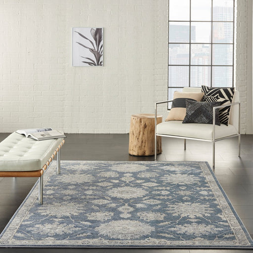 Quarry QUA06 Traditional Persian Vintage Distressed Floral Medallion Border Textured High-Density Low Flat-Pile Blue/Beige Rug