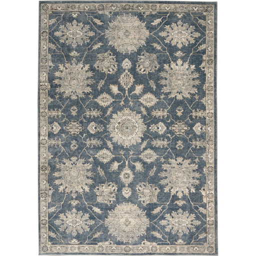 Quarry QUA06 Traditional Persian Vintage Distressed Floral Medallion Border Textured High-Density Low Flat-Pile Blue/Beige Rug
