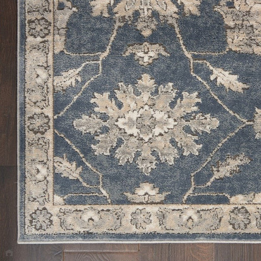 Quarry QUA06 Traditional Persian Vintage Distressed Floral Medallion Border Textured High-Density Low Flat-Pile Blue/Beige Runner