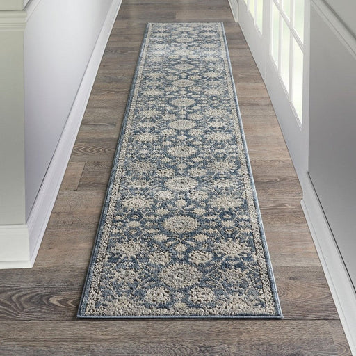 Quarry QUA06 Traditional Persian Vintage Distressed Floral Medallion Border Textured High-Density Low Flat-Pile Blue/Beige Runner