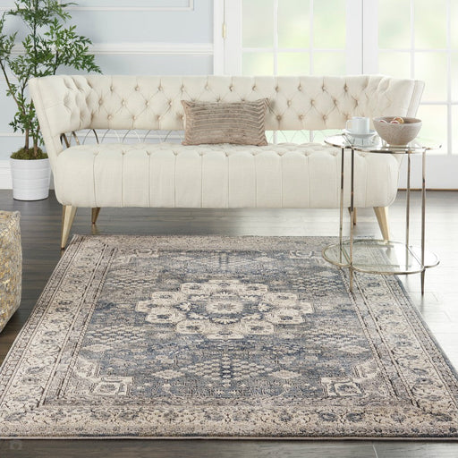 Quarry QUA07 Traditional Persian Vintage Distressed Medallion Border Textured High-Density Low Flat-Pile Grey/Ivory Rug