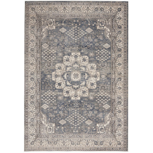 Quarry QUA07 Traditional Persian Vintage Distressed Medallion Border Textured High-Density Low Flat-Pile Grey/Ivory Rug