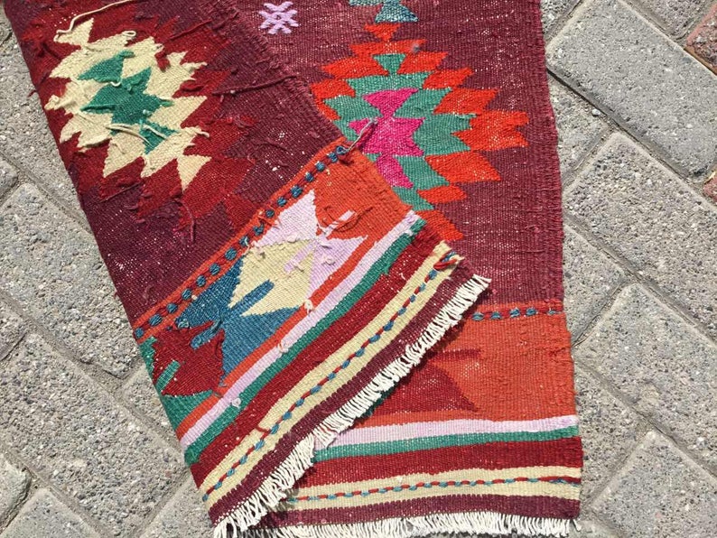 Rode Kelim Vintage Vloerkleed 112cm x 69cm Handgeweven uit Turkije