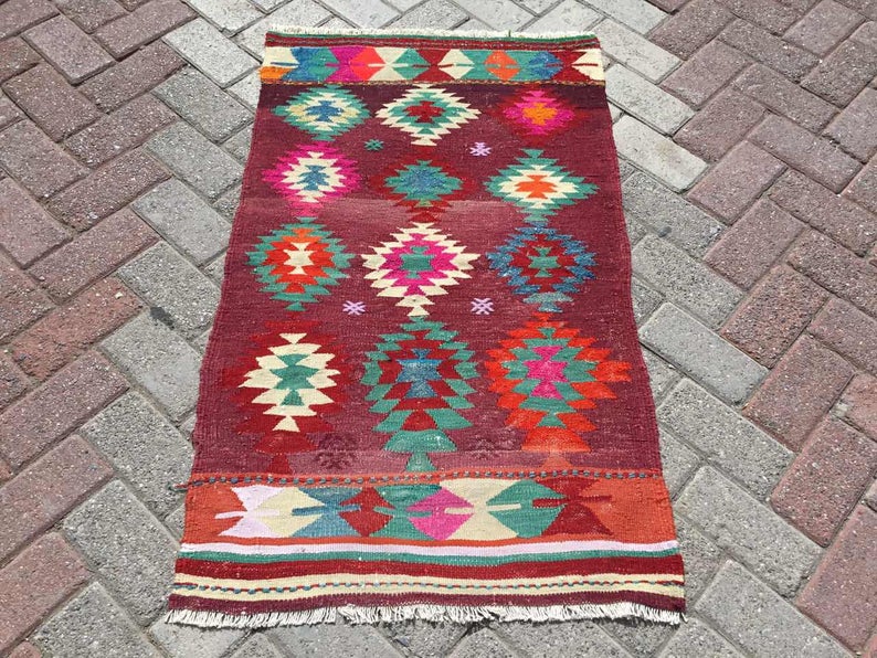 Rode Kelim Vintage Vloerkleed 112cm x 69cm Handgeweven uit Turkije