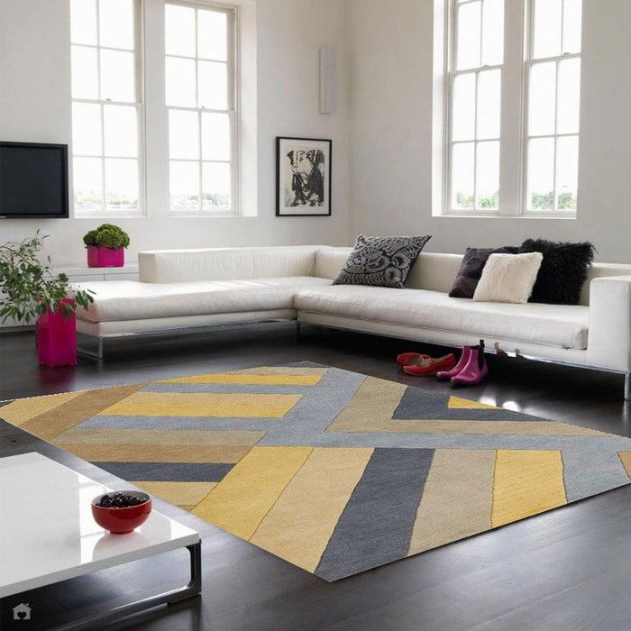 Reef RF02 Big Zig Modern Geometric Hand-Woven Wool Ochre/Grey/Charcoal/Taupe Multicolour Rug