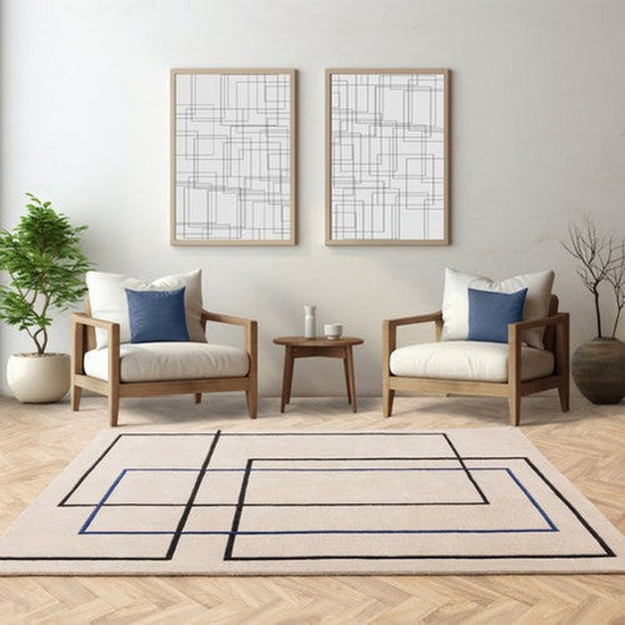 Reef RF19 Outline Modern Geometric Hand-Woven Wool Blue/Beige Rug