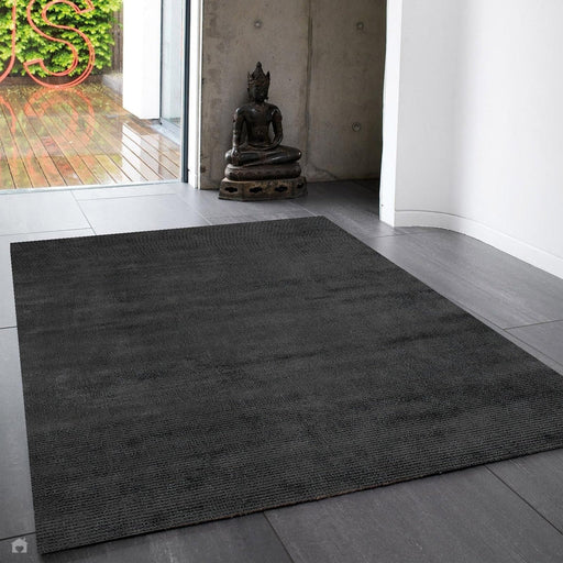 Reko Modern Plain Textured Ribbed Lines Viscose/Cotton Shimmer Flatweave Charcoal Rug