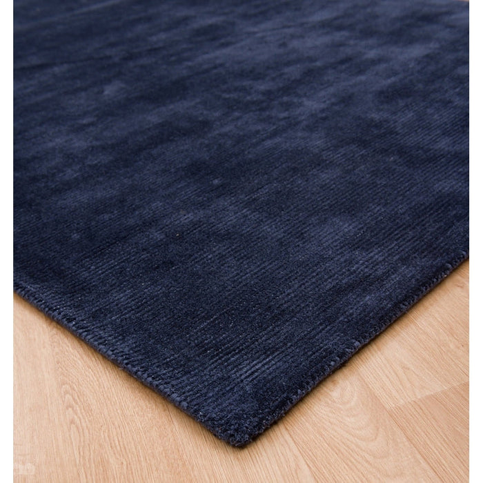 Reko Modern Plain Textured Ribbed Lines Viscose/Cotton Shimmer Flatweave Navy Rug