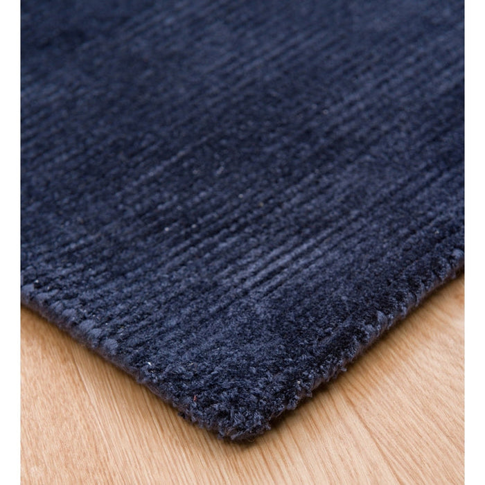 Reko Modern Plain Textured Ribbed Lines Viscose/Cotton Shimmer Flatweave Navy Rug