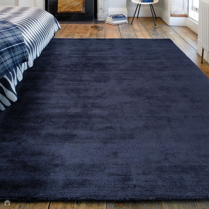 Reko Modern Plain Textured Ribbed Lines Viscose/Cotton Shimmer Flatweave Navy Rug