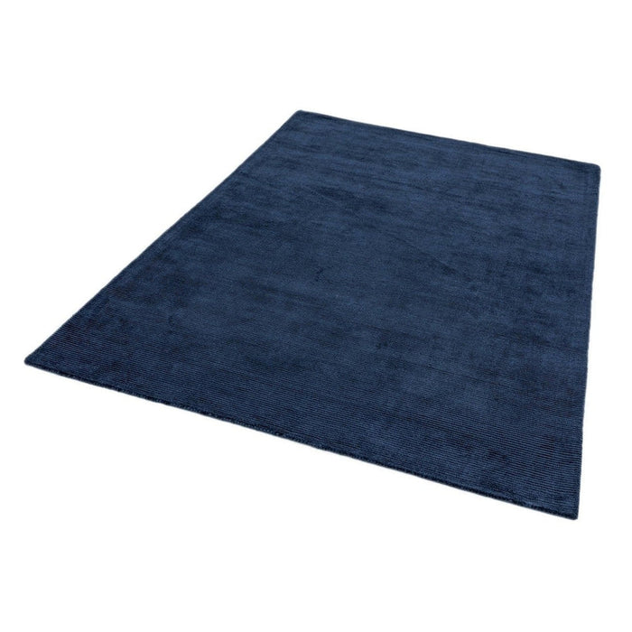 Reko Modern Plain Textured Ribbed Lines Viscose/Cotton Shimmer Flatweave Navy Rug