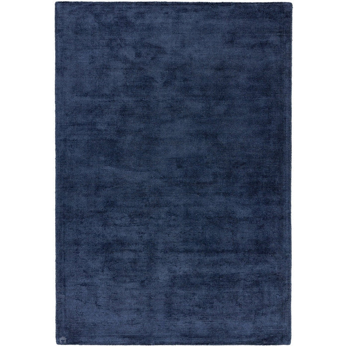 Reko Modern Plain Textured Ribbed Lines Viscose/Cotton Shimmer Flatweave Navy Rug