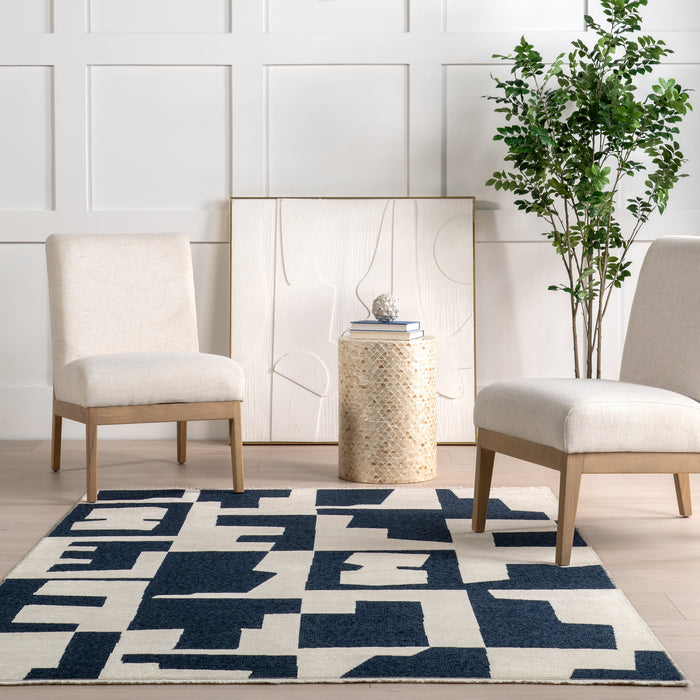 Reversible Geometric Washable Rug 152x244 cm Navy
