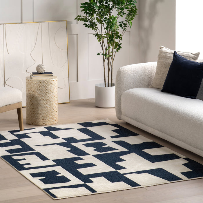 Reversible Geometric Washable Rug 152x244 cm Navy