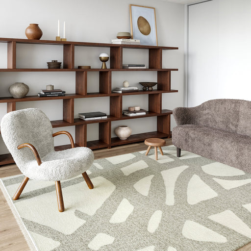 Reversible Washable Abstract Fringed Rug in Cream