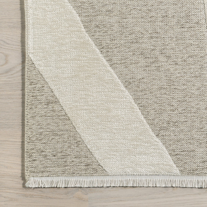 Reversible Washable Abstract Fringed Rug in Cream