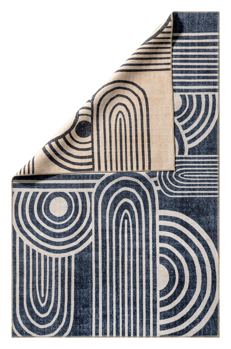 Reversible Washable Area Rug In Beige And Navy Colors