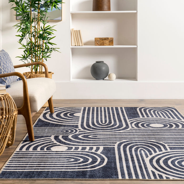 Reversible Washable Area Rug In Beige And Navy Colors