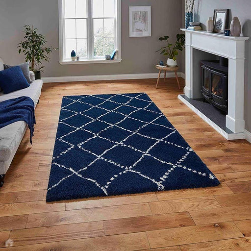 Royal Nomadic 5413 Tappeto moderno geometrico con diamanti morbido peluche Boho Shaggy Navy