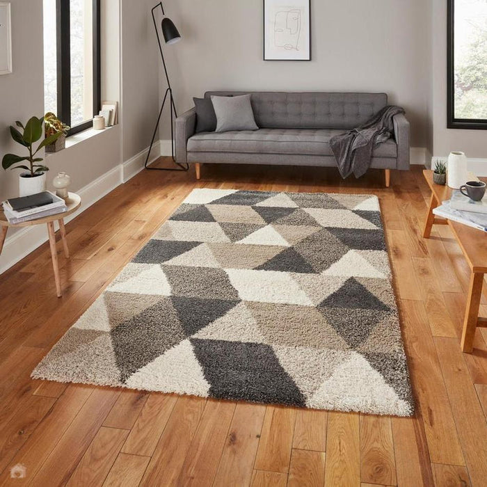 Royal Nomadic 7611 Modern Geometric Soft Plush Boho Shaggy Beige/Grey Rug