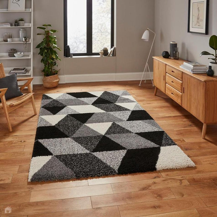 Royal Nomadic 7611 Modern Geometric Soft Plush Boho Shaggy Black/White Rug