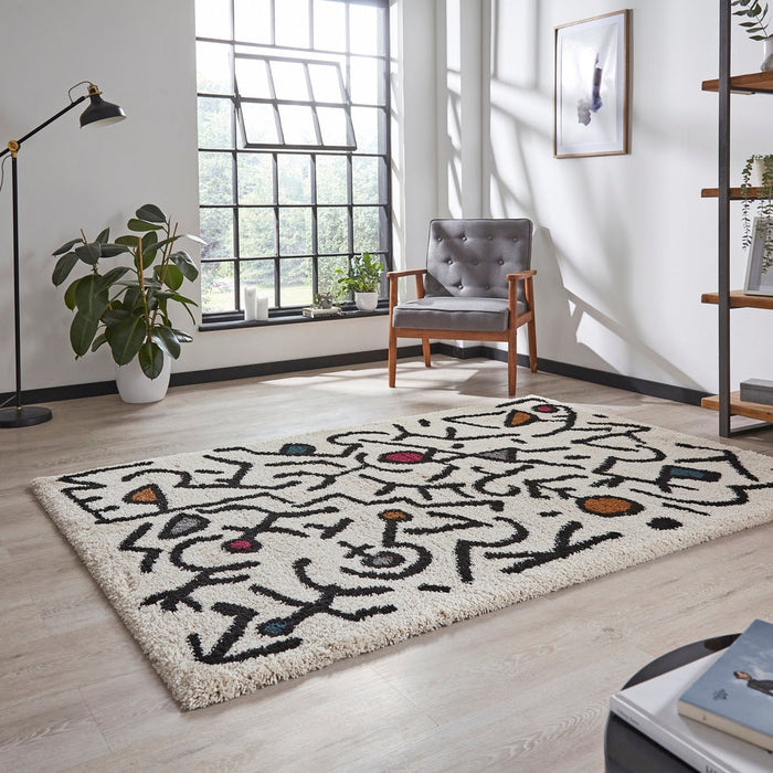 Royal Nomadic A637 Modern Abstract Soft Plush Boho Shaggy Cream/Black/Multicolour Rug