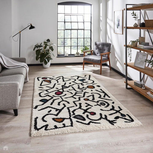 Royal Nomadic A637 Modern Abstract Soft Plush Boho Shaggy Cream/Black/Multicolour Rug