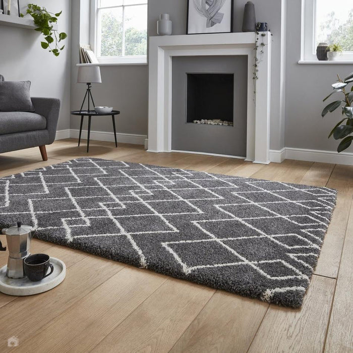 Royal Nomadic A638 Modern Geometric Diamond Soft Plush Boho Shaggy Grey/Cream Rug