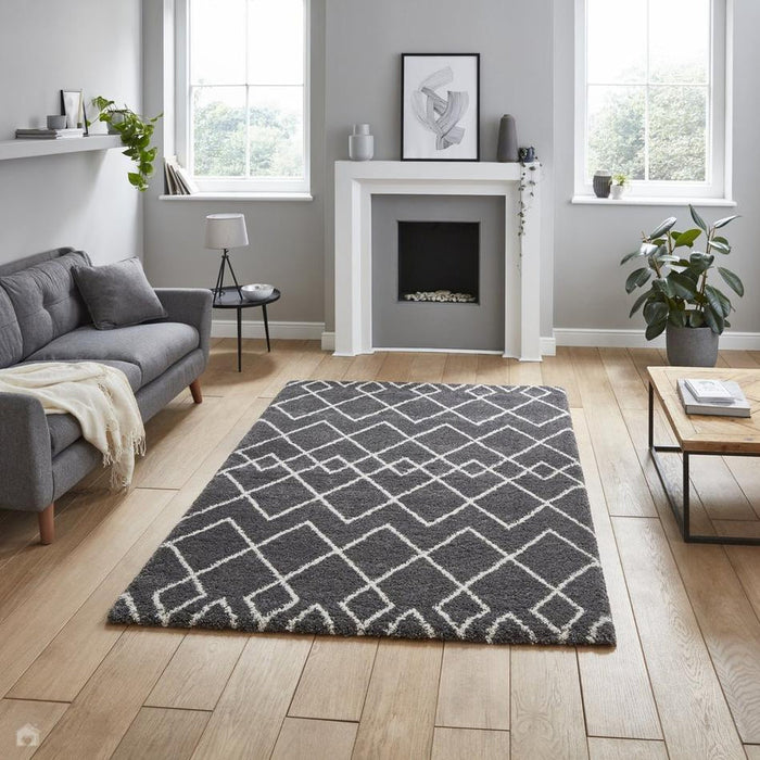 Royal Nomadic A638 Modern Geometric Diamond Soft Plush Boho Shaggy Grey/Cream Rug