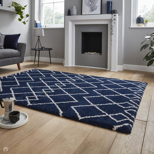 Royal Nomadic A638 Modern Geometric Diamond Soft Plush Boho Shaggy Navy Rug