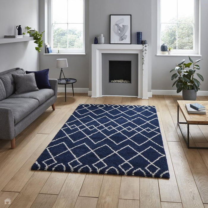 Royal Nomadic A638 Modern Geometric Diamond Soft Plush Boho Shaggy Navy Rug