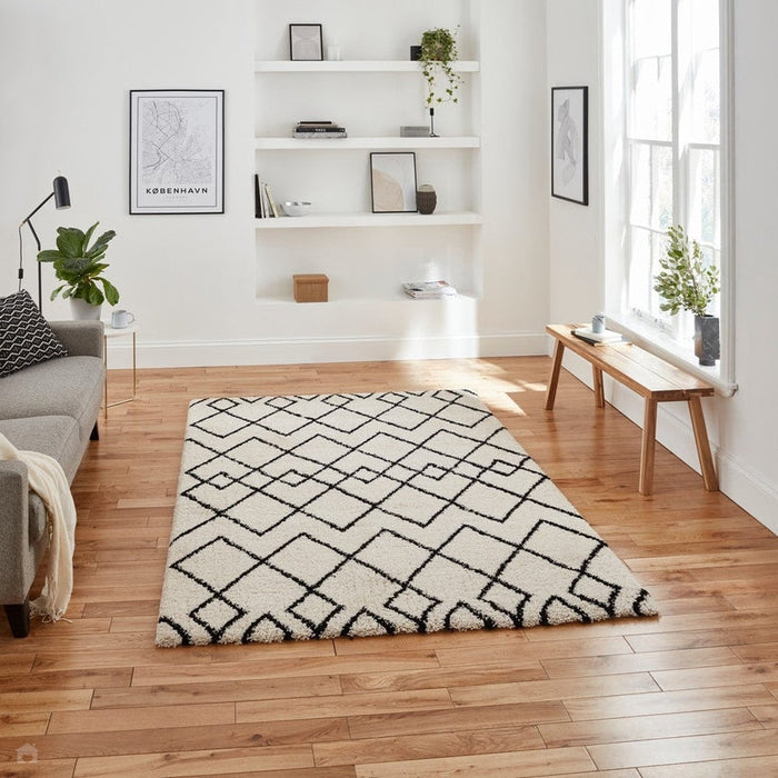 Royal Nomadic A638 Modern Geometric Diamond Soft Plush Boho Shaggy White/Black Rug