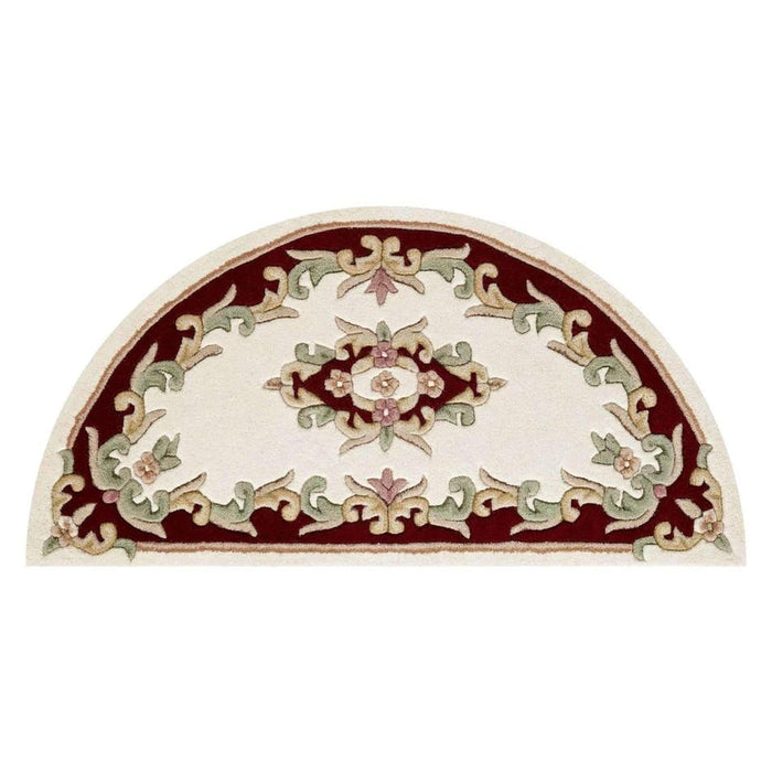 Tappeto a mezzaluna beige con medaglione Aubusson floreale tradizionale tradizionale, stile cinese orientale, intagliato a mano, in lana testurizzata alta e bassa, a mezzaluna beige