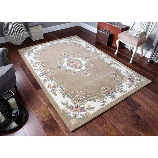 Royal Traditional Floral Aubusson Medallion Border Oriental Chinese Style Hand-Carved Hi-Low Textured Wool Beige Rug